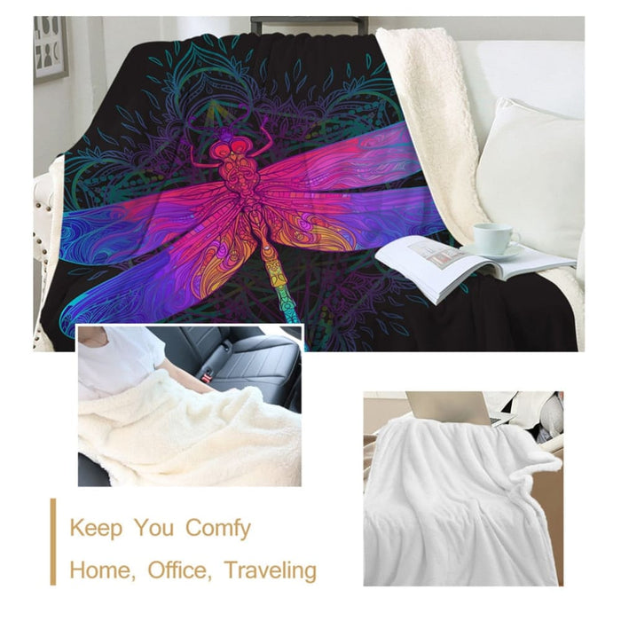 Dragonfly Mandala Sherpa Blanket Colourful Bedspread Boho