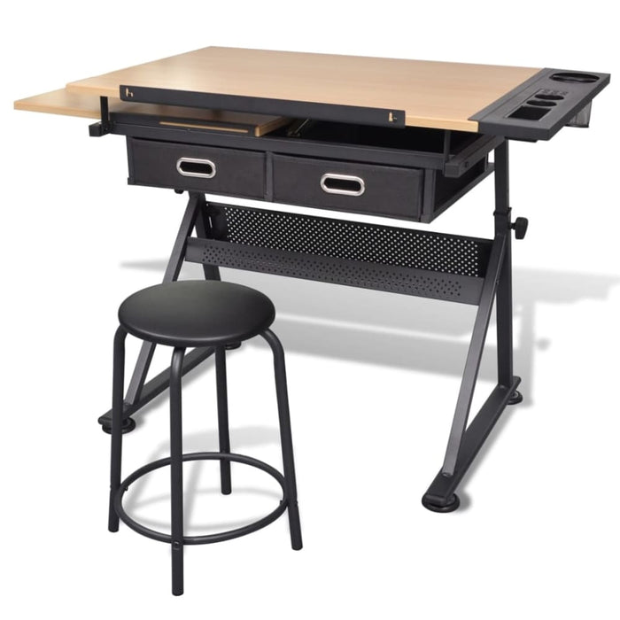 Two Drawers Tiltable Tabletop Drawing Table with Stool Xbbni