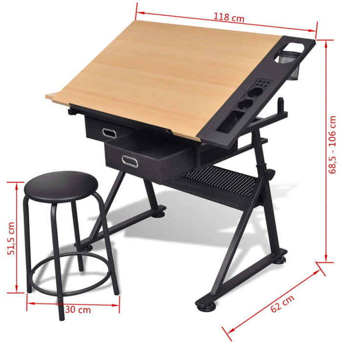 Two Drawers Tiltable Tabletop Drawing Table with Stool Xbbni