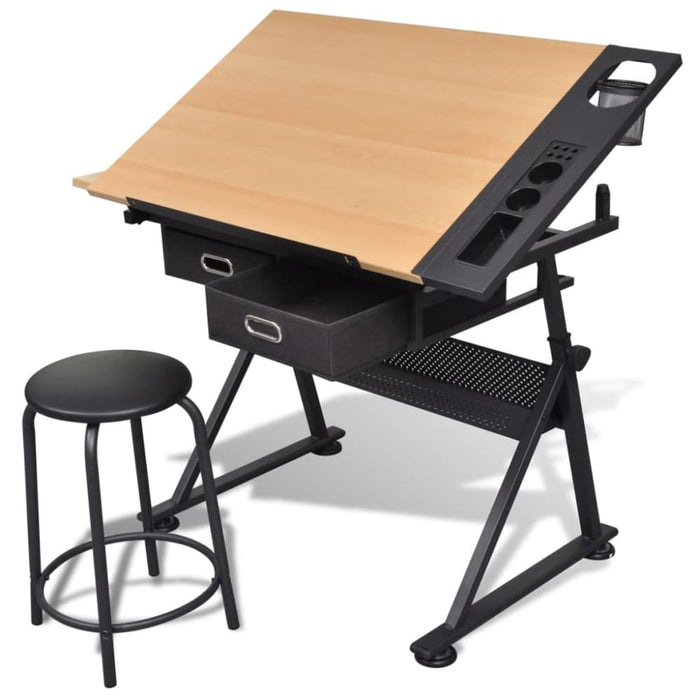 Two Drawers Tiltable Tabletop Drawing Table with Stool Xbbni