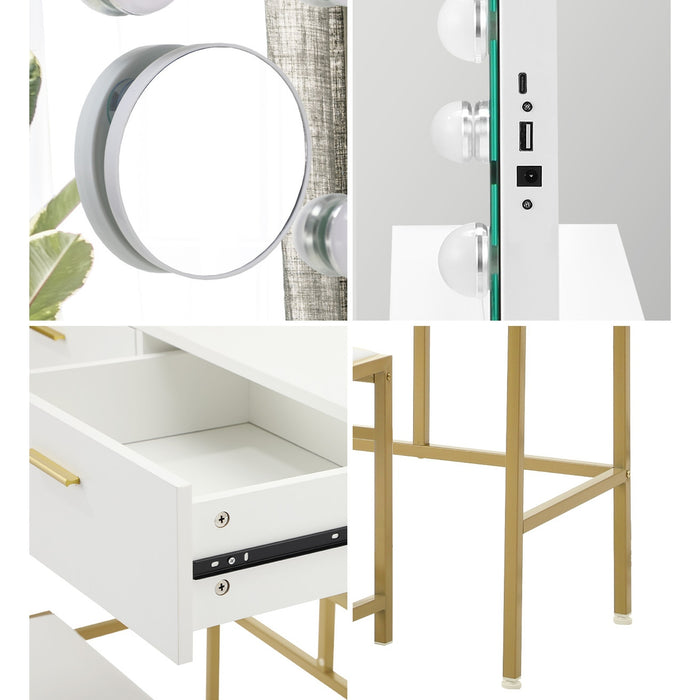 Dressing Table Led Makeup Mirror 2 Drawers Vanity Desk White