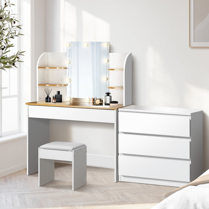 Dressing Table Stool Set With Chest Of Drawers Led Makeup Mirror White