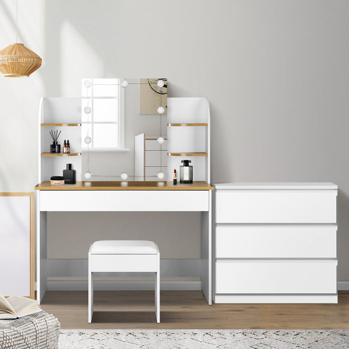 Dressing Table Stool Set With Chest Of Drawers Led Makeup Mirror White