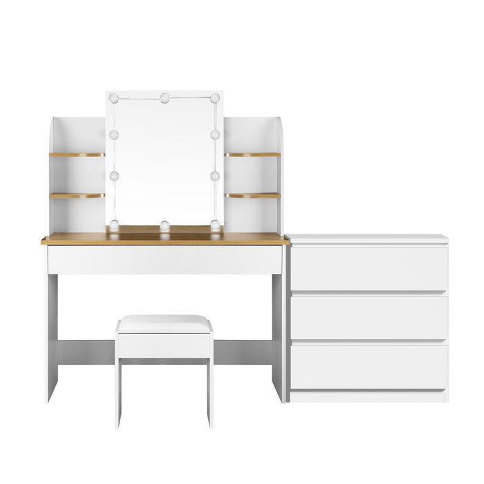 Dressing Table Stool Set With Chest Of Drawers Led Makeup Mirror White