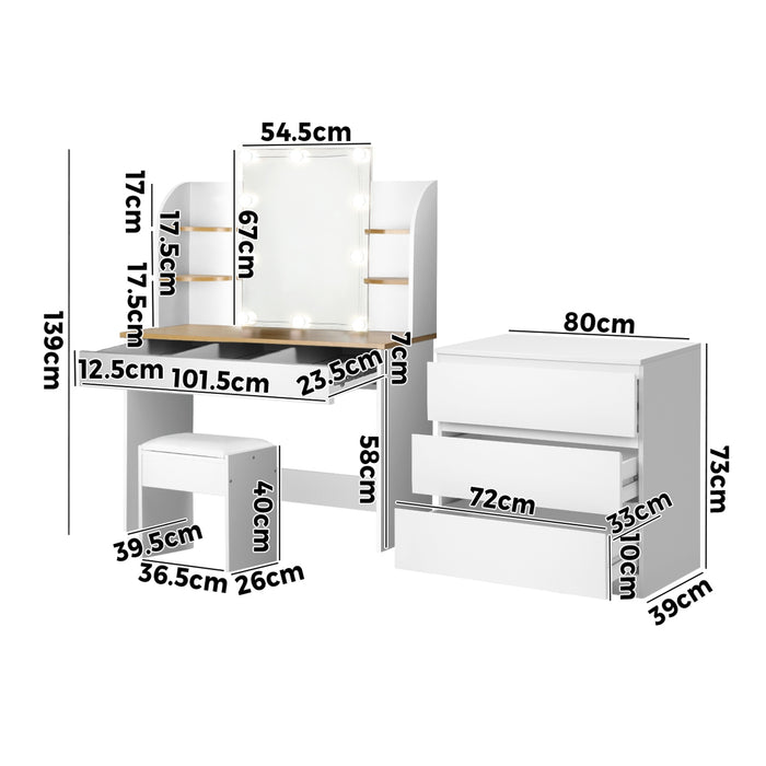 Dressing Table Stool Set With Chest Of Drawers Led Makeup Mirror White