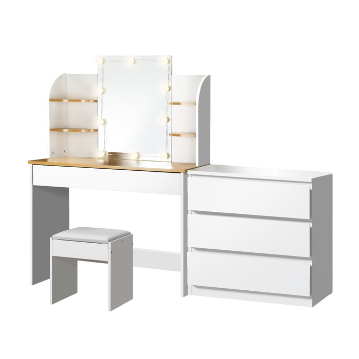 Dressing Table Stool Set With Chest Of Drawers Led Makeup Mirror White
