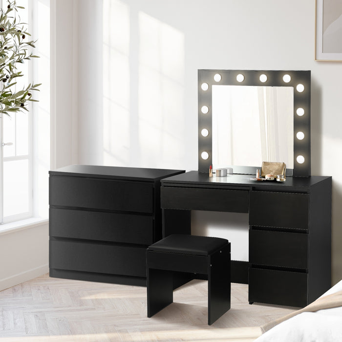 Dressing Table Stool Set Makeup Mirror Desk 7 Drawers Led Black