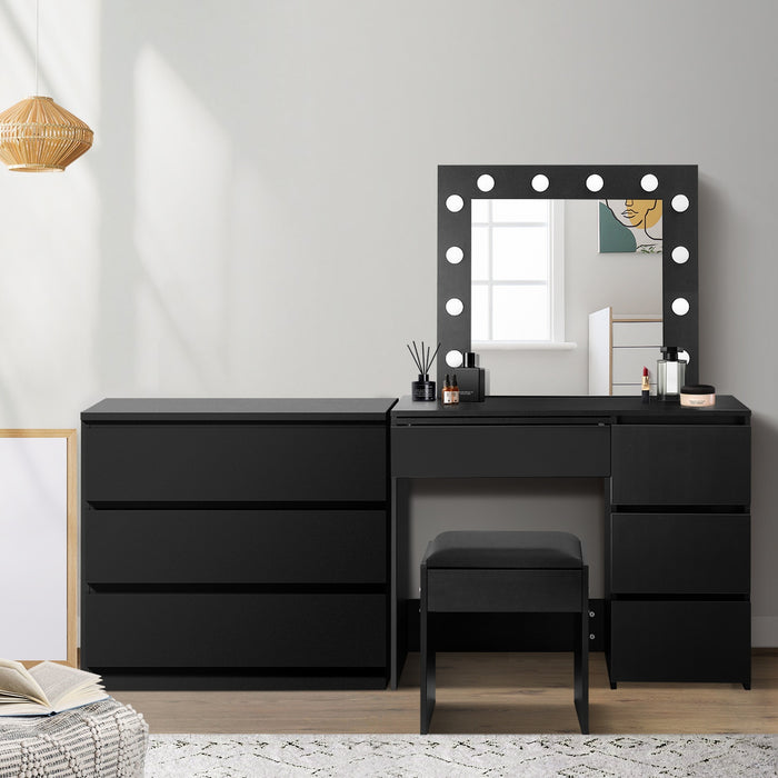 Dressing Table Stool Set Makeup Mirror Desk 7 Drawers Led Black