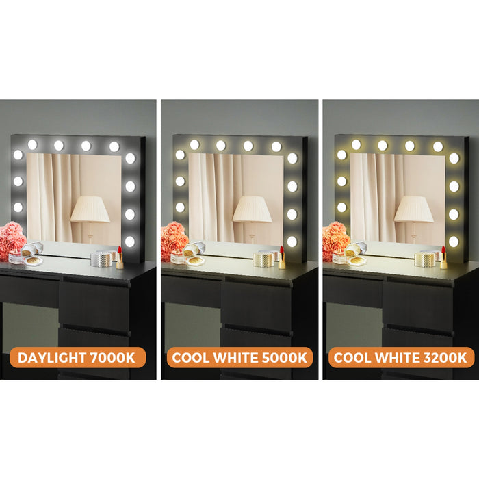Dressing Table Stool Set Makeup Mirror Desk 7 Drawers Led Black