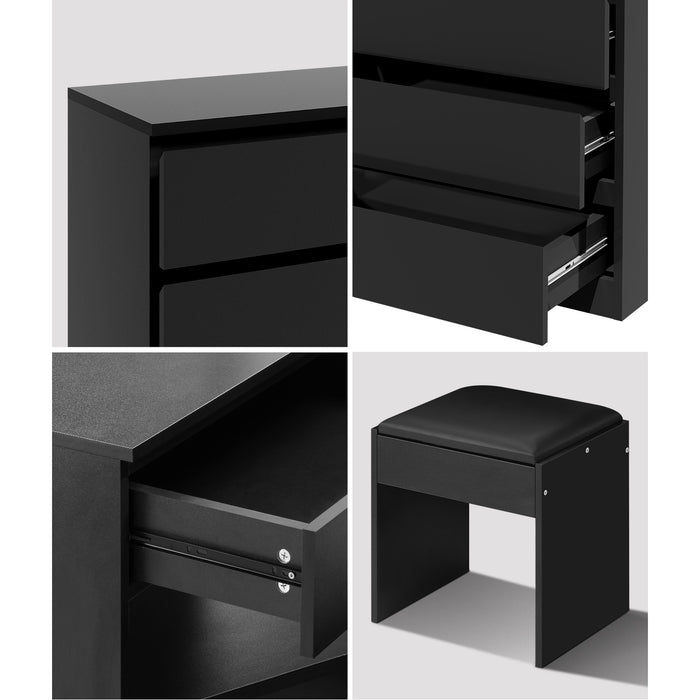 Dressing Table Stool Set Makeup Mirror Desk 7 Drawers Led Black