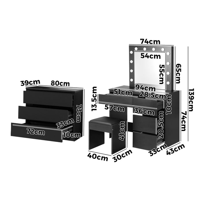 Dressing Table Stool Set Makeup Mirror Desk 7 Drawers Led Black