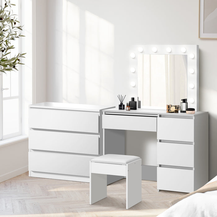 Dressing Table Stool Set Makeup Mirror Desk 7 Drawers Led White