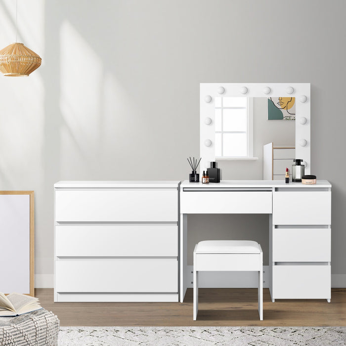 Dressing Table Stool Set Makeup Mirror Desk 7 Drawers Led White