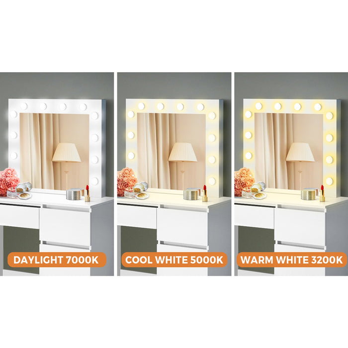 Dressing Table Stool Set Makeup Mirror Desk 7 Drawers Led White