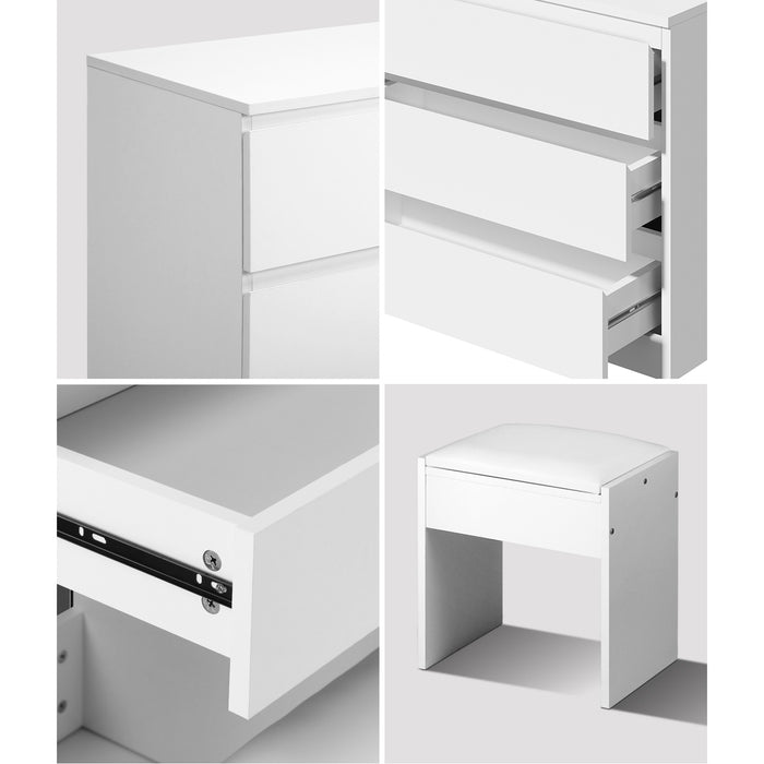 Dressing Table Stool Set Makeup Mirror Desk 7 Drawers Led White