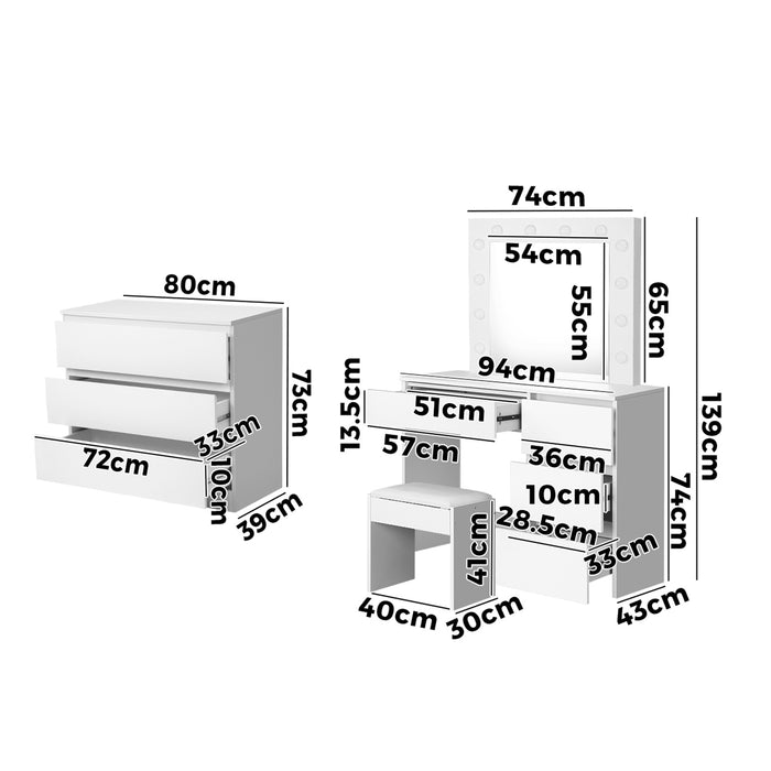 Dressing Table Stool Set Makeup Mirror Desk 7 Drawers Led White