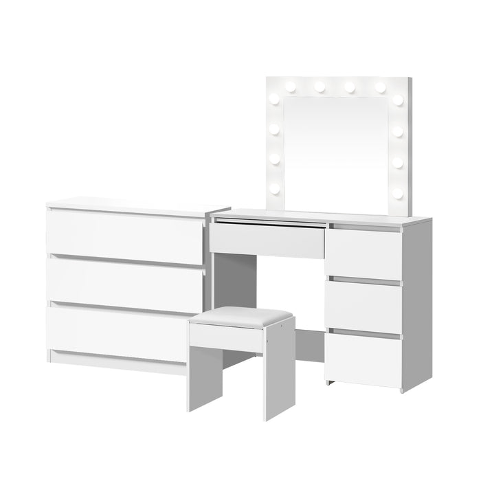 Dressing Table Stool Set Makeup Mirror Desk 7 Drawers Led White