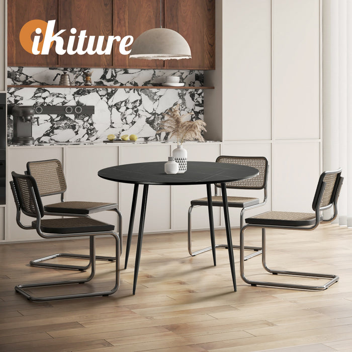 110Cm Dining Table Round Wooden Table With Marble Effect Metal Legs Bk