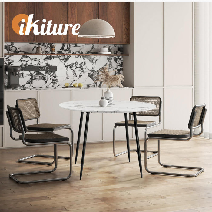 110Cm Dining Table Round Wooden Table With Marble Effect Metal Legs Wh