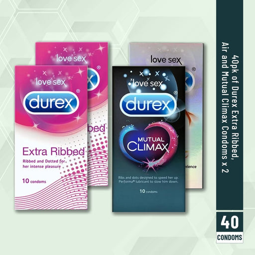 Durex Condoms 40 Pcs Combo Extra Ribbed Air & Mutual Climax