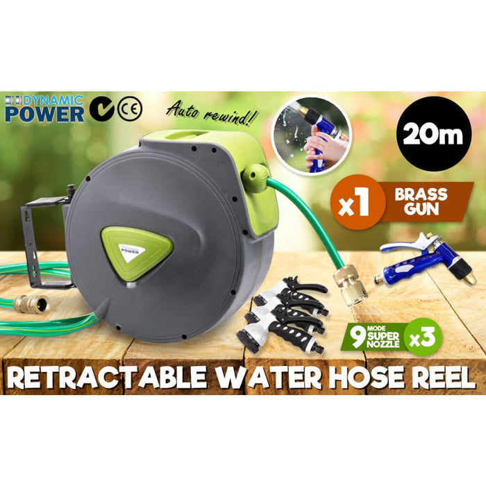 Dynamic Power Garden Water Hose 20m Retractable Rewind Reel