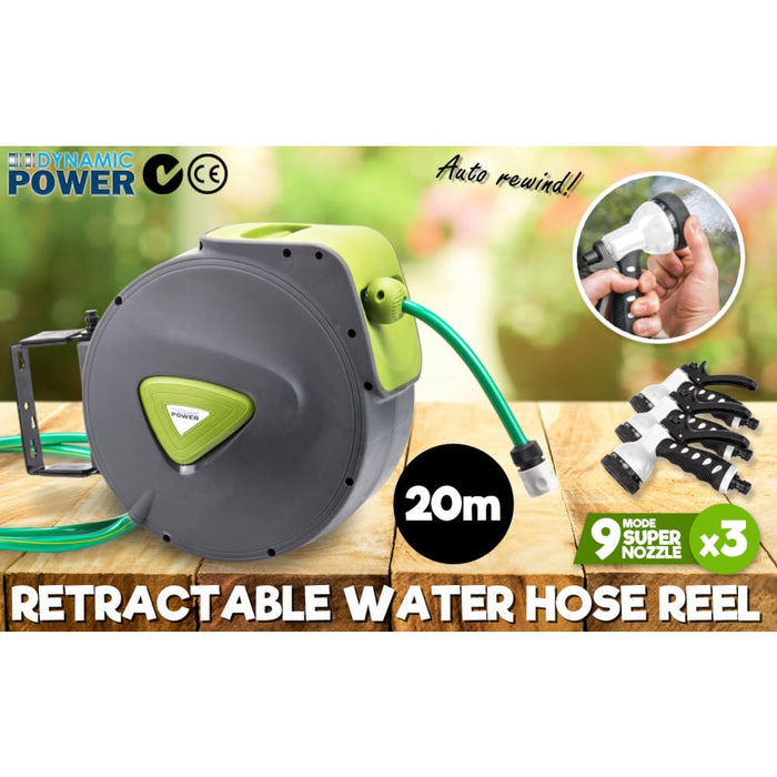 Dynamic Power Garden Water Hose 20m Retractable Rewind Reel