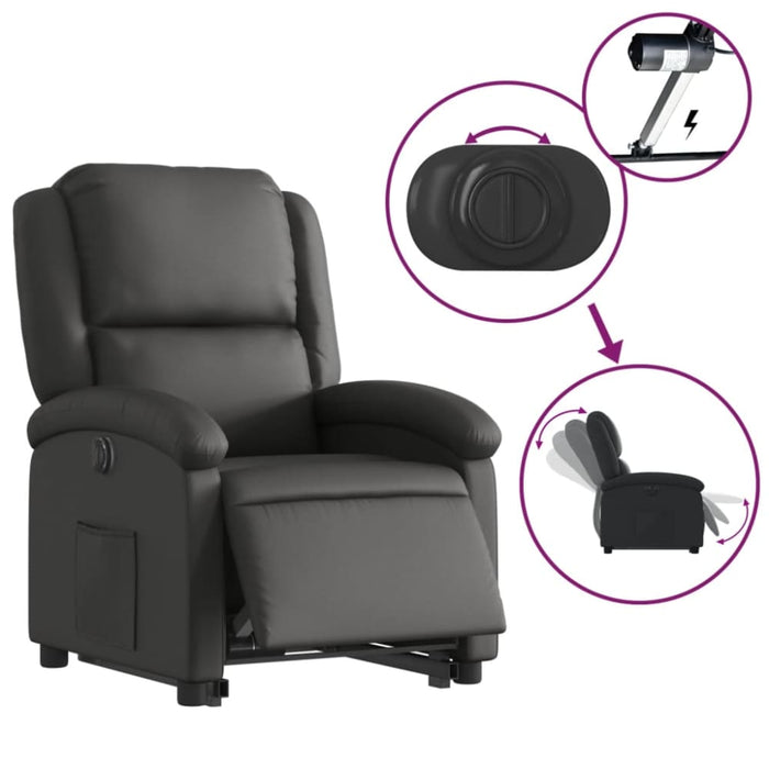 Electric Stand Up Recliner Chair Black Real Leather Txbpanl