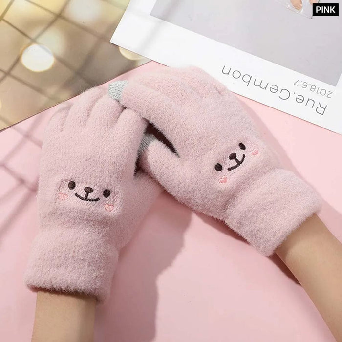 Embroidered Smiley Bear Touch Screen Gloves