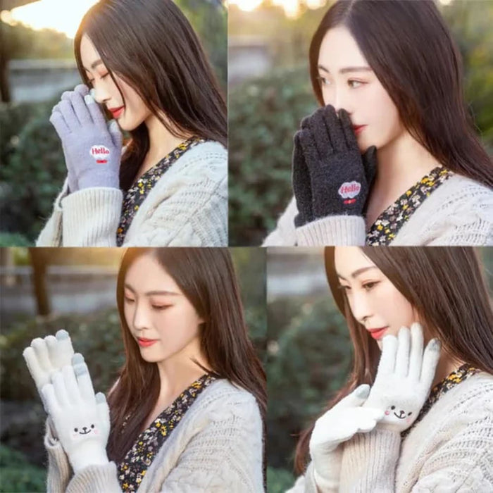 Embroidered Smiley Bear Touch Screen Gloves