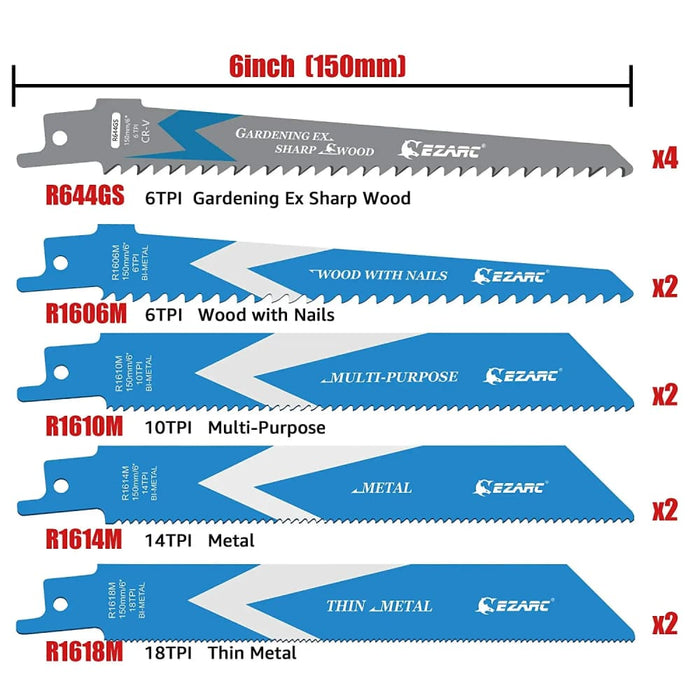 Ezarc 150mm 12 Piece Bimetal Reciprocating Saw Blades Set
