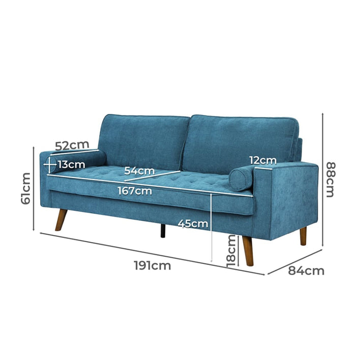 Fabric Sofa Armchair 3 Seater Couch Blue 191cm Wide