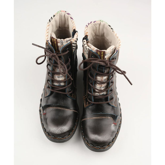 Fashion Genuine Leather Patchwork Woven Fabric Womens