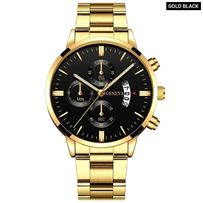 Fashion Men Gold Stainless Steel Watch Luxury Calendar