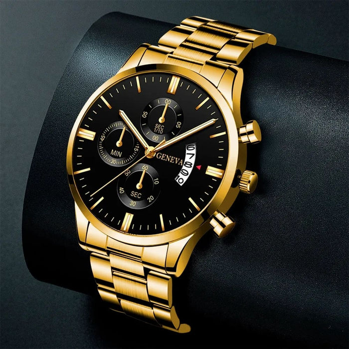 Fashion Men Gold Stainless Steel Watch Luxury Calendar
