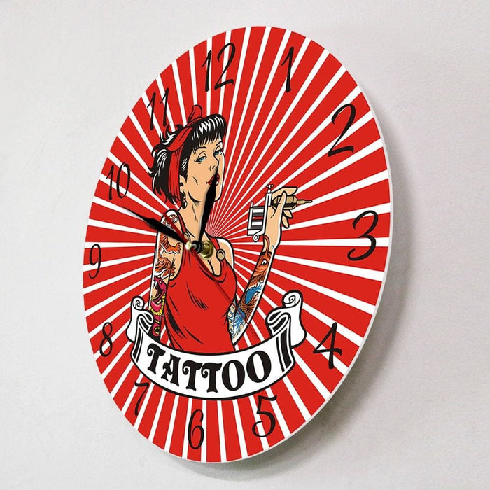 Female Tattooist With Tattoo Gun Red Wall Clock Tattooing