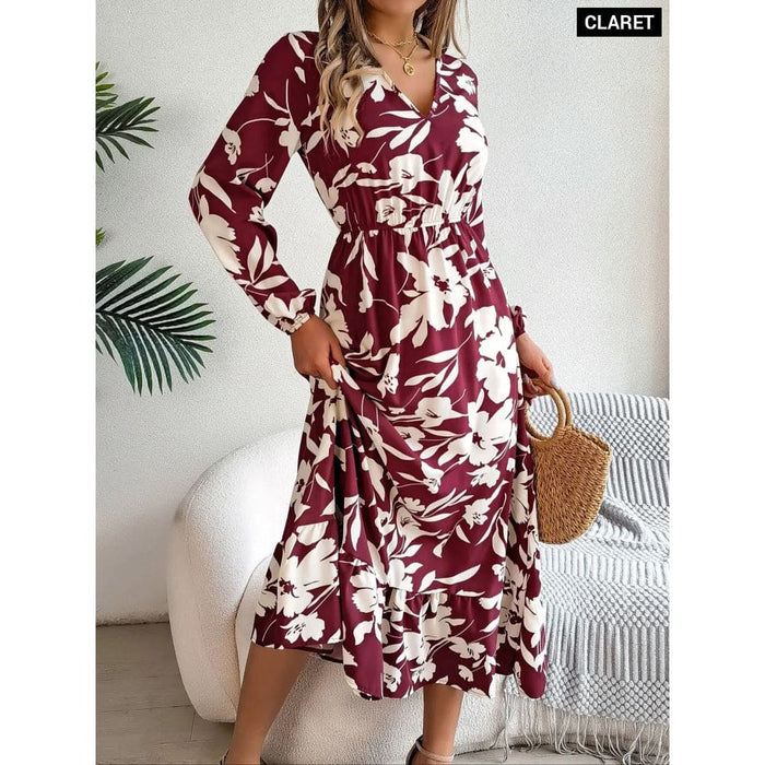 Floral Print Ruffled Long Dresses for Women