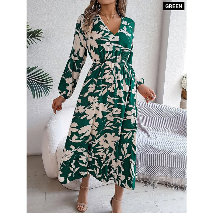 Floral Print Ruffled Long Dresses for Women