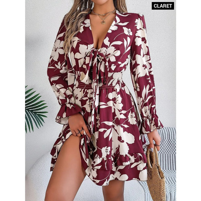 Floral Print v Neck Dress with Tie Bow