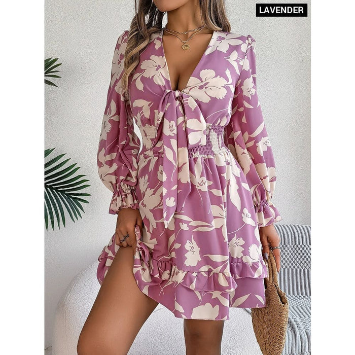 Floral Print v Neck Dress with Tie Bow
