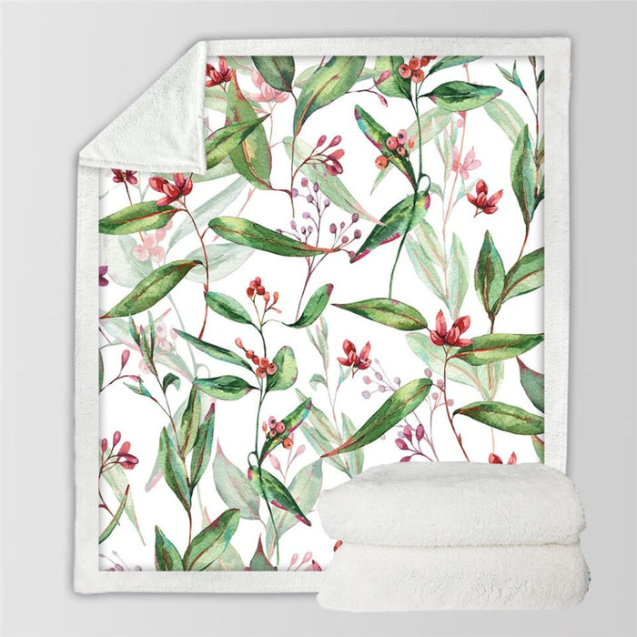 Flowers Sherpa Throw Blanket Leaves Red Green White