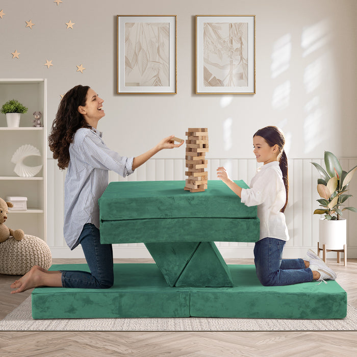 4Pcs Kids Play Couch Modular Lounge Cushion Convertible Playset Green