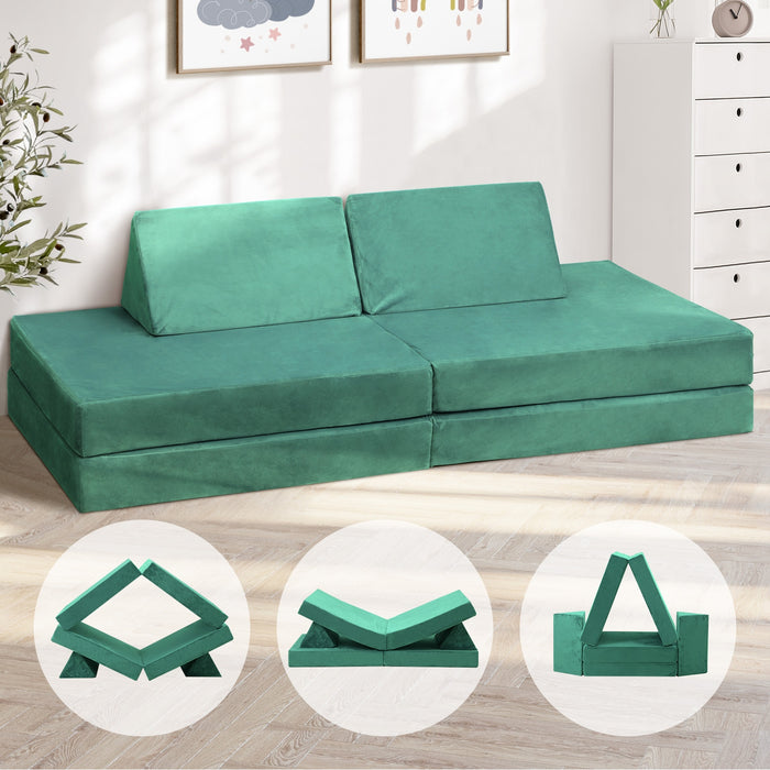4Pcs Kids Play Couch Modular Lounge Cushion Convertible Playset Green