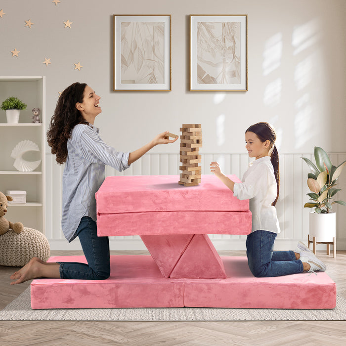 4Pcs Kids Play Couch Modular Lounge Cushion Convertible Playset Pink