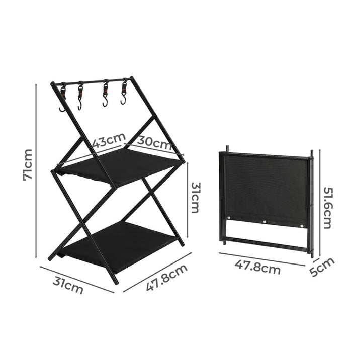 Foldable Camping Storage Shelves 2 Layer With Hooks Black