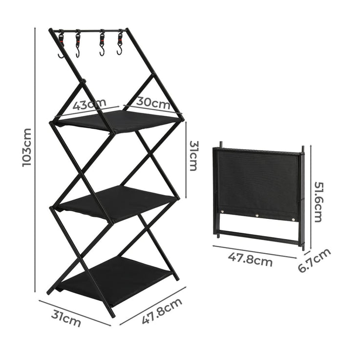 Foldable Camping Storage Shelves 3 Layer With Hooks Black