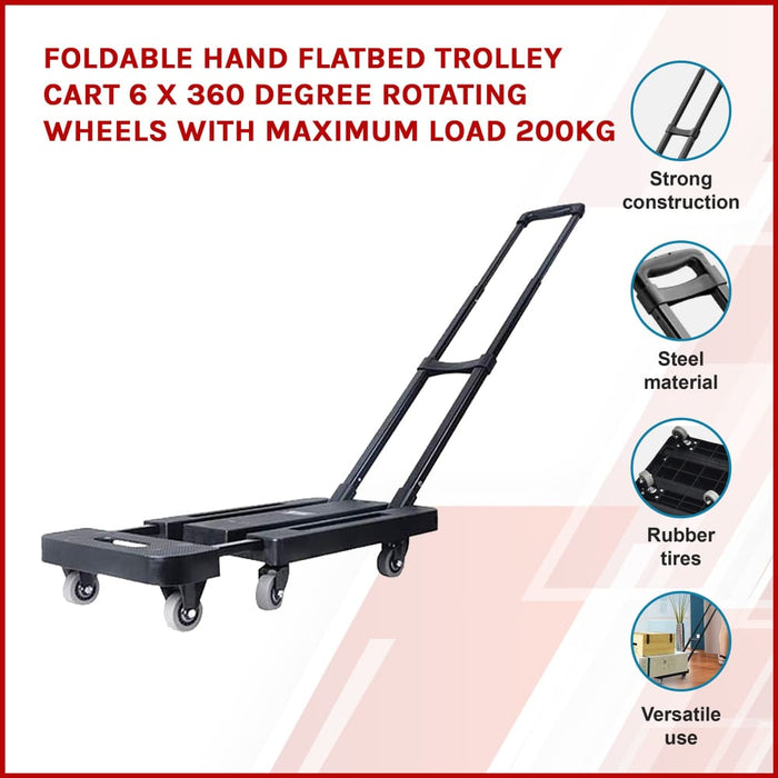 Foldable Hand Flatbed Trolley Cart 6 x 360 Degree Rotating
