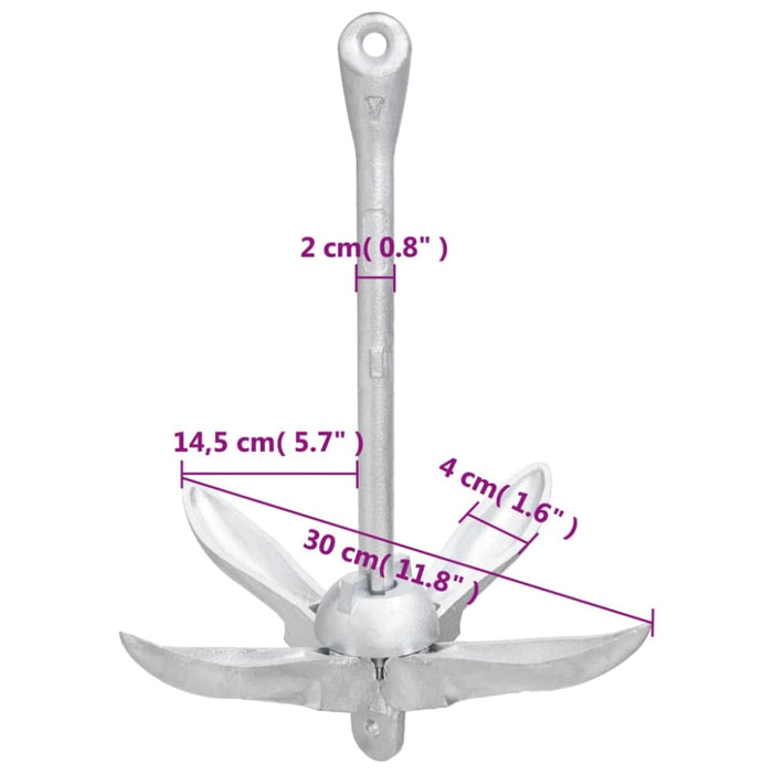 Folding Anchor with Rope Silver 2.5 Kg Malleable Iron Kaxnp