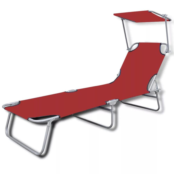 Folding Sun Lounger with Canopy Steel and Fabric Red Aookn