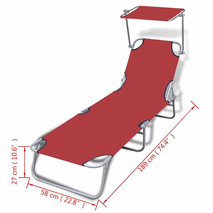 Folding Sun Lounger with Canopy Steel and Fabric Red Aookn