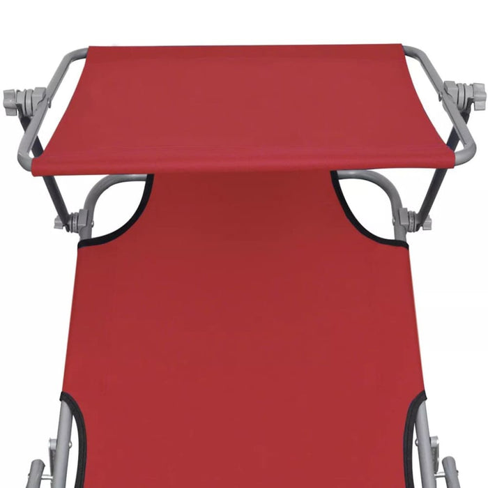 Folding Sun Lounger with Canopy Steel and Fabric Red Aookn